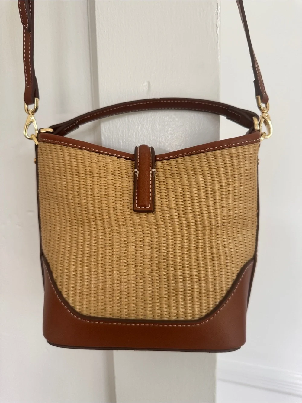 Mango Tan and Brown Raffia Bucket Bag